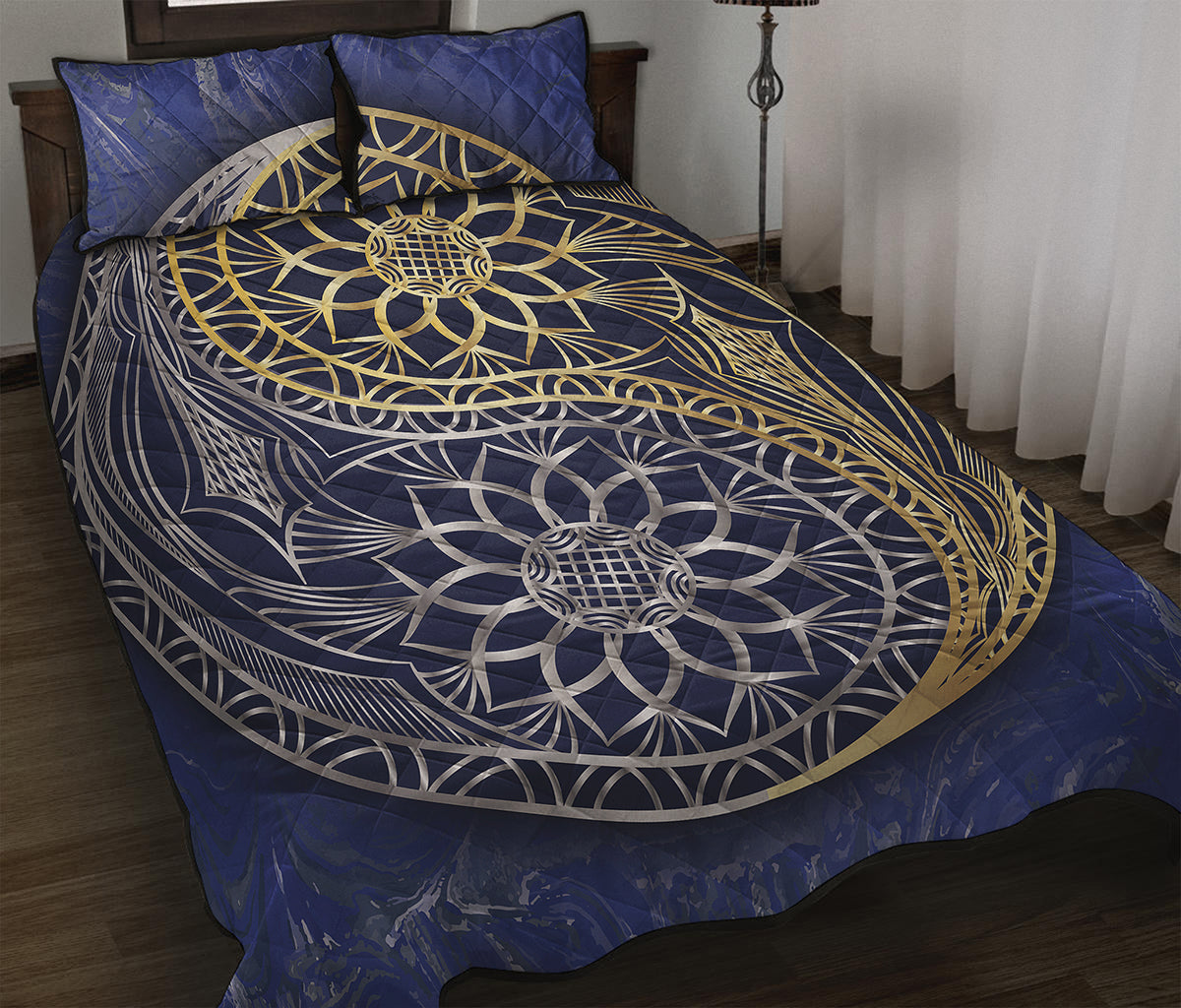 Gold And Grey Yin Yang Flower Print Quilt Bed Set