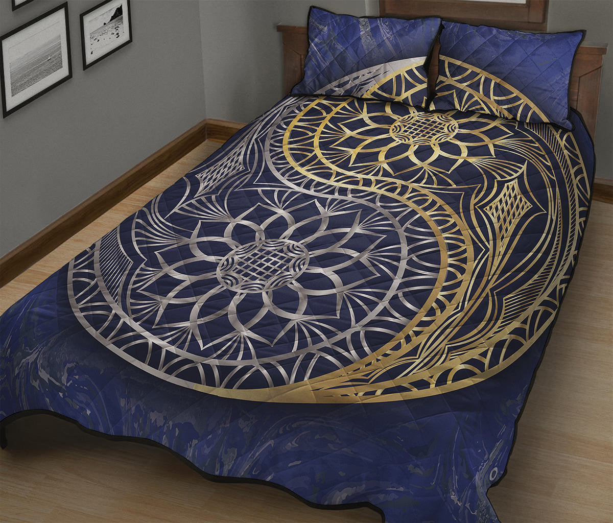 Gold And Grey Yin Yang Flower Print Quilt Bed Set
