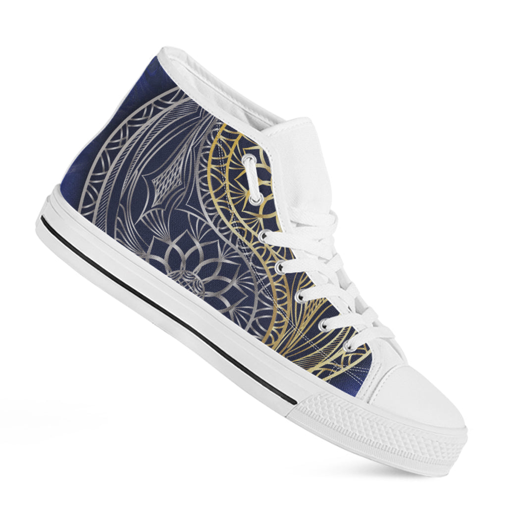 Gold And Grey Yin Yang Flower Print White High Top Shoes