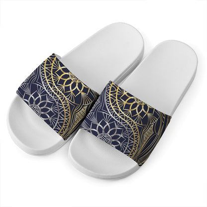 Gold And Grey Yin Yang Flower Print White Slide Sandals