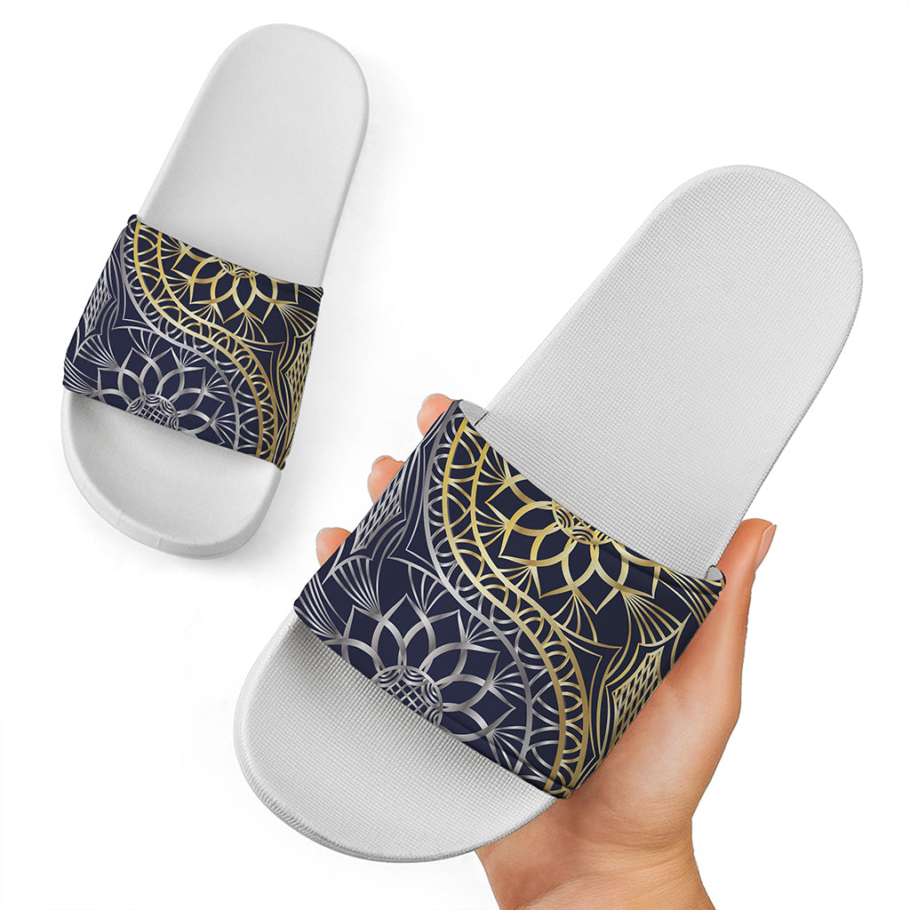 Gold And Grey Yin Yang Flower Print White Slide Sandals