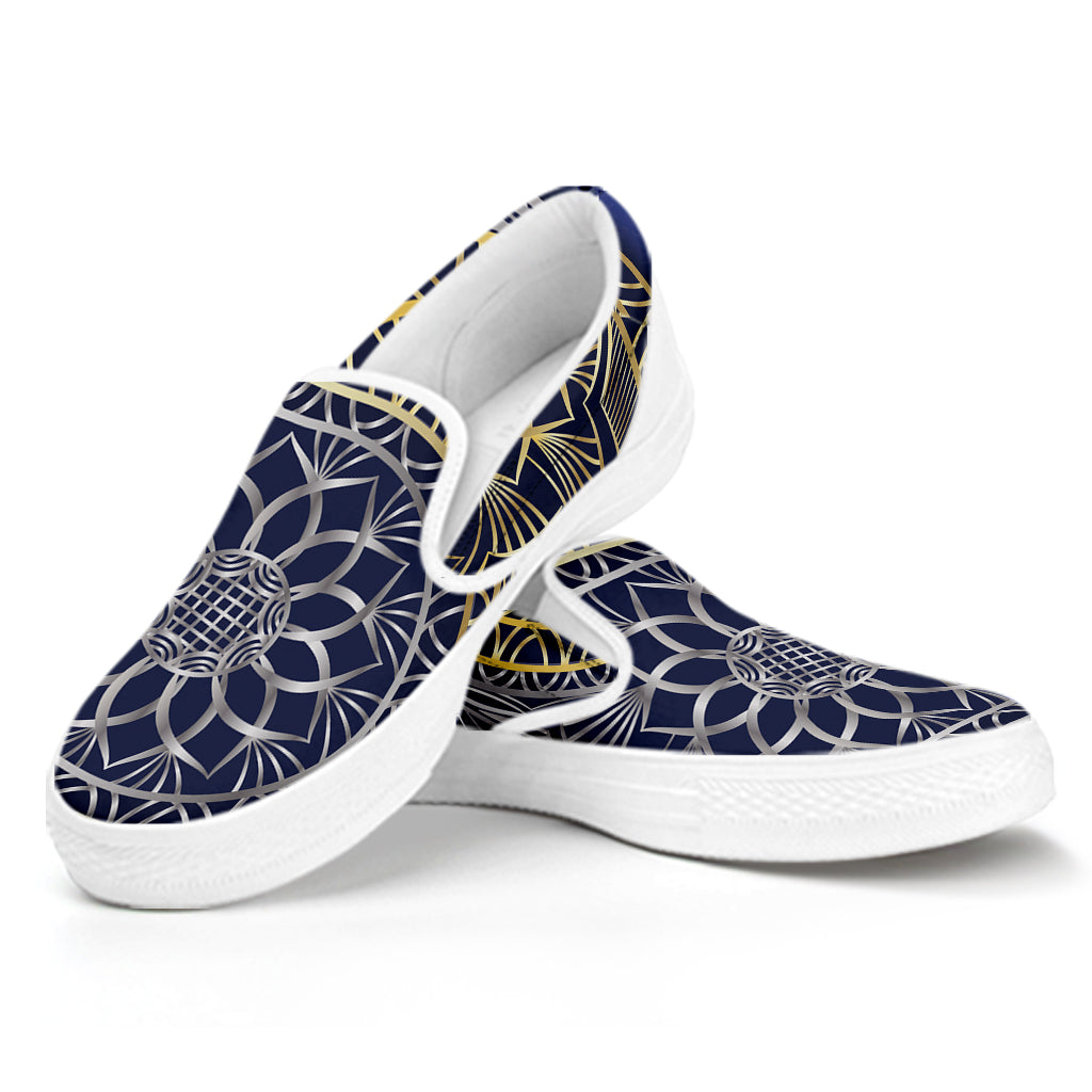 Gold And Grey Yin Yang Flower Print White Slip On Shoes