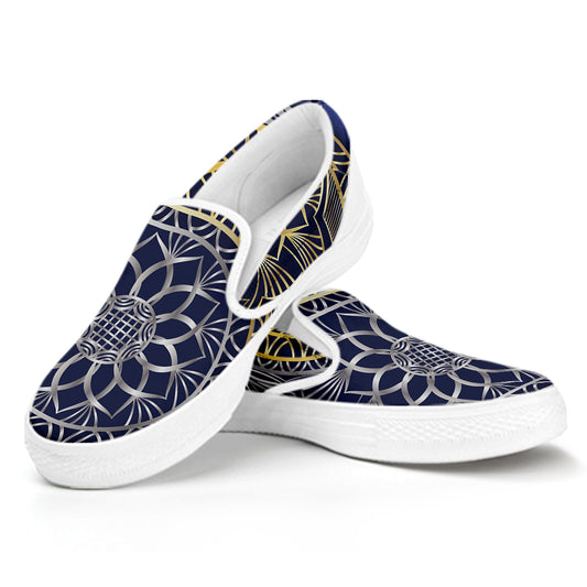 Gold And Grey Yin Yang Flower Print White Slip On Shoes