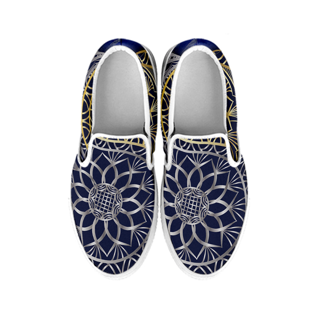 Gold And Grey Yin Yang Flower Print White Slip On Shoes