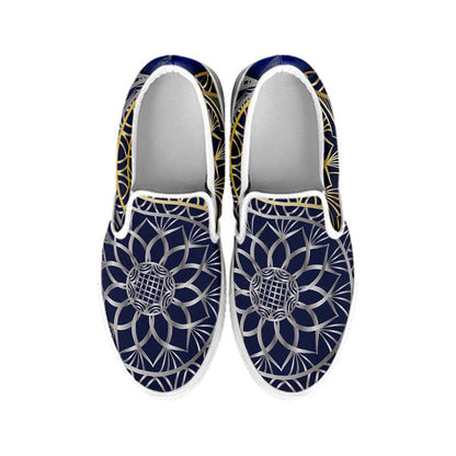 Gold And Grey Yin Yang Flower Print White Slip On Shoes