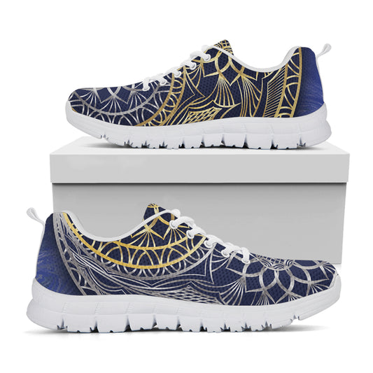 Gold And Grey Yin Yang Flower Print White Sneakers