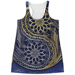 Gold And Grey Yin Yang Flower Print Women's Racerback Tank Top