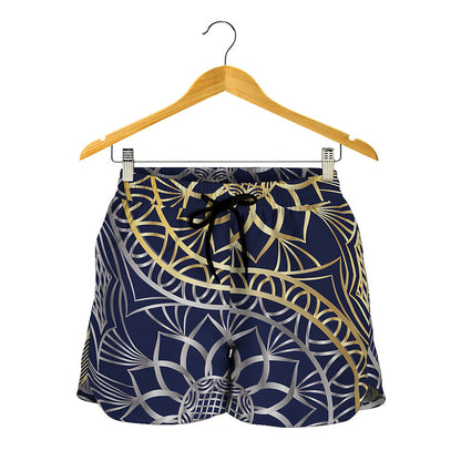 Gold And Grey Yin Yang Flower Print Women's Shorts