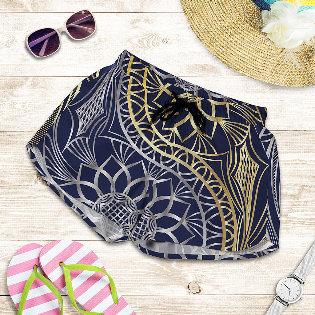 Gold And Grey Yin Yang Flower Print Women's Shorts
