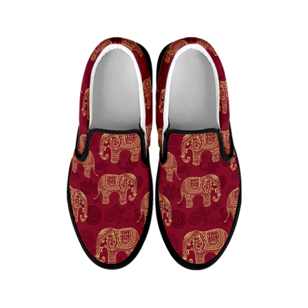 Gold And Red Boho Elephant Print Black Slip On Shoes