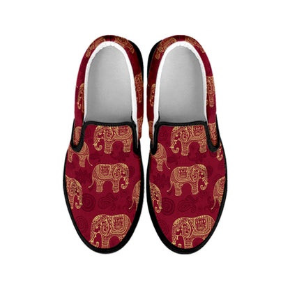 Gold And Red Boho Elephant Print Black Slip On Shoes