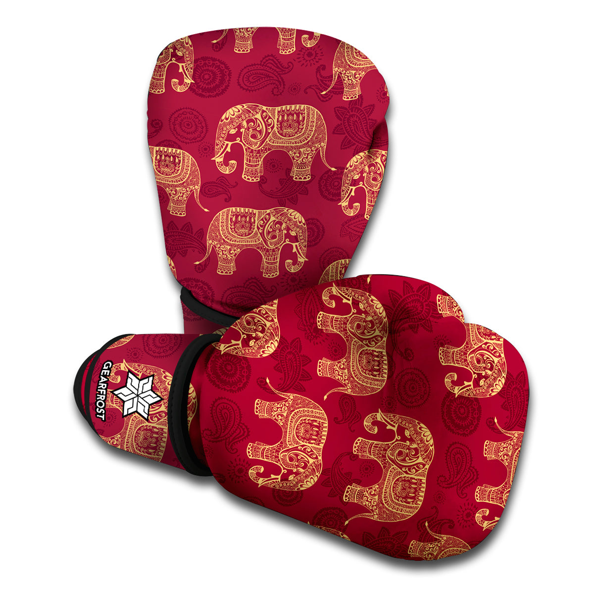 Gold And Red Boho Elephant Print Boxing Gloves