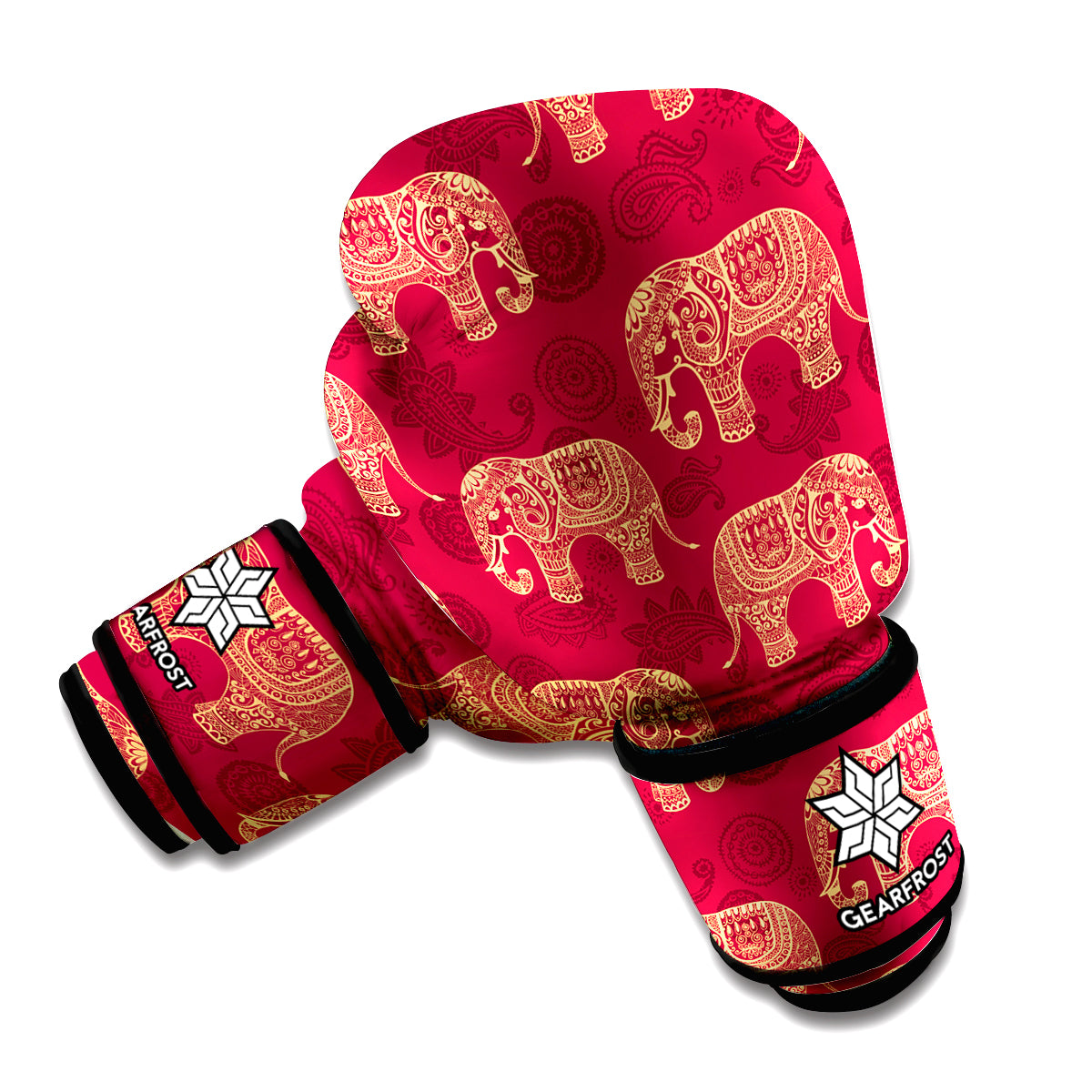 Gold And Red Boho Elephant Print Boxing Gloves
