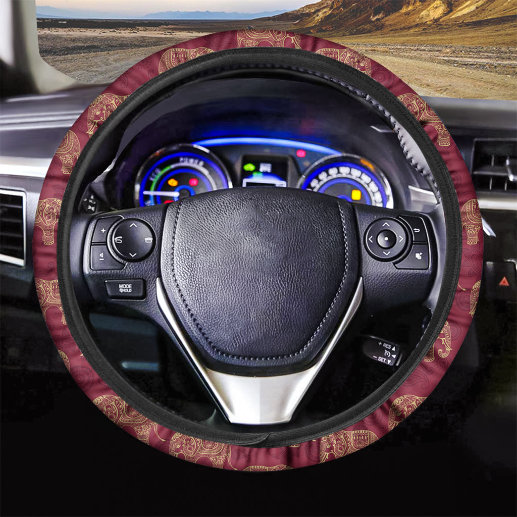 Gold And Red Boho Elephant Print Car Steering Wheel Cover
