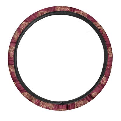 Gold And Red Boho Elephant Print Car Steering Wheel Cover