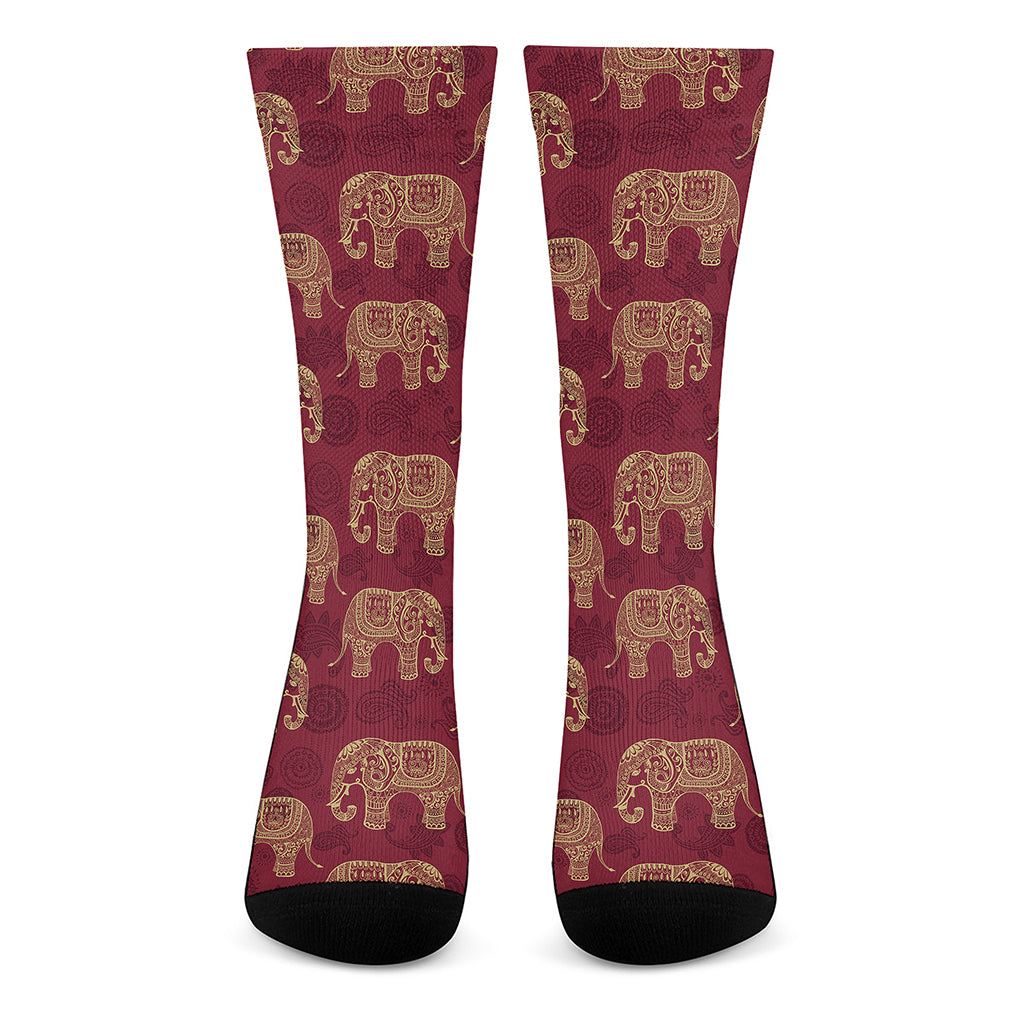 Gold And Red Boho Elephant Print Crew Socks