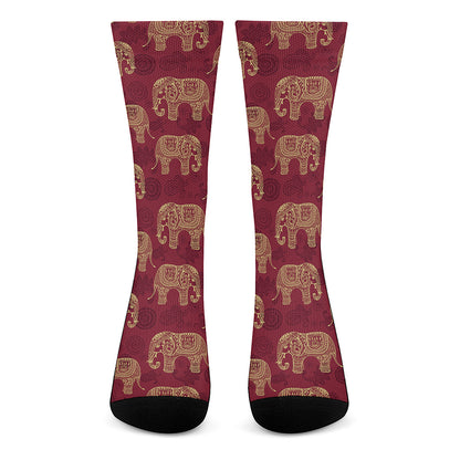 Gold And Red Boho Elephant Print Crew Socks