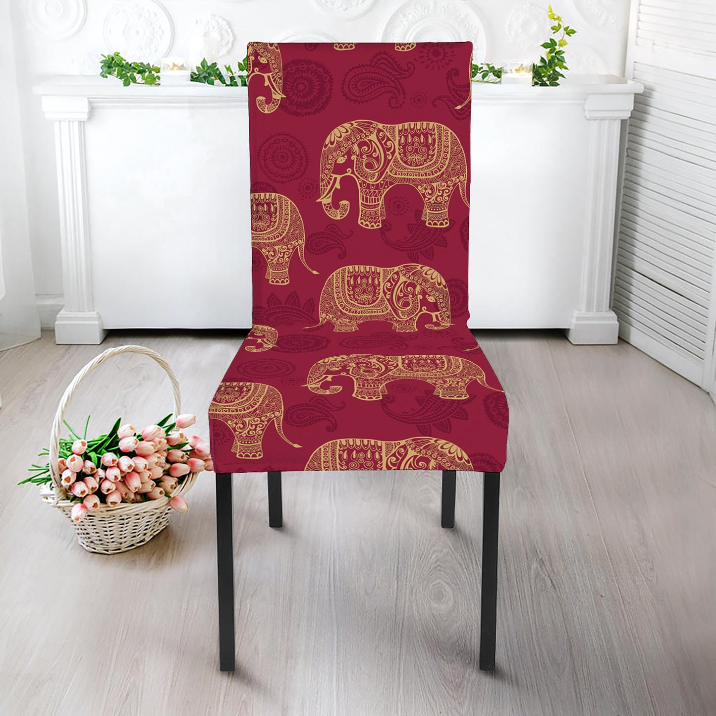 Gold And Red Boho Elephant Print Dining Chair Slipcover