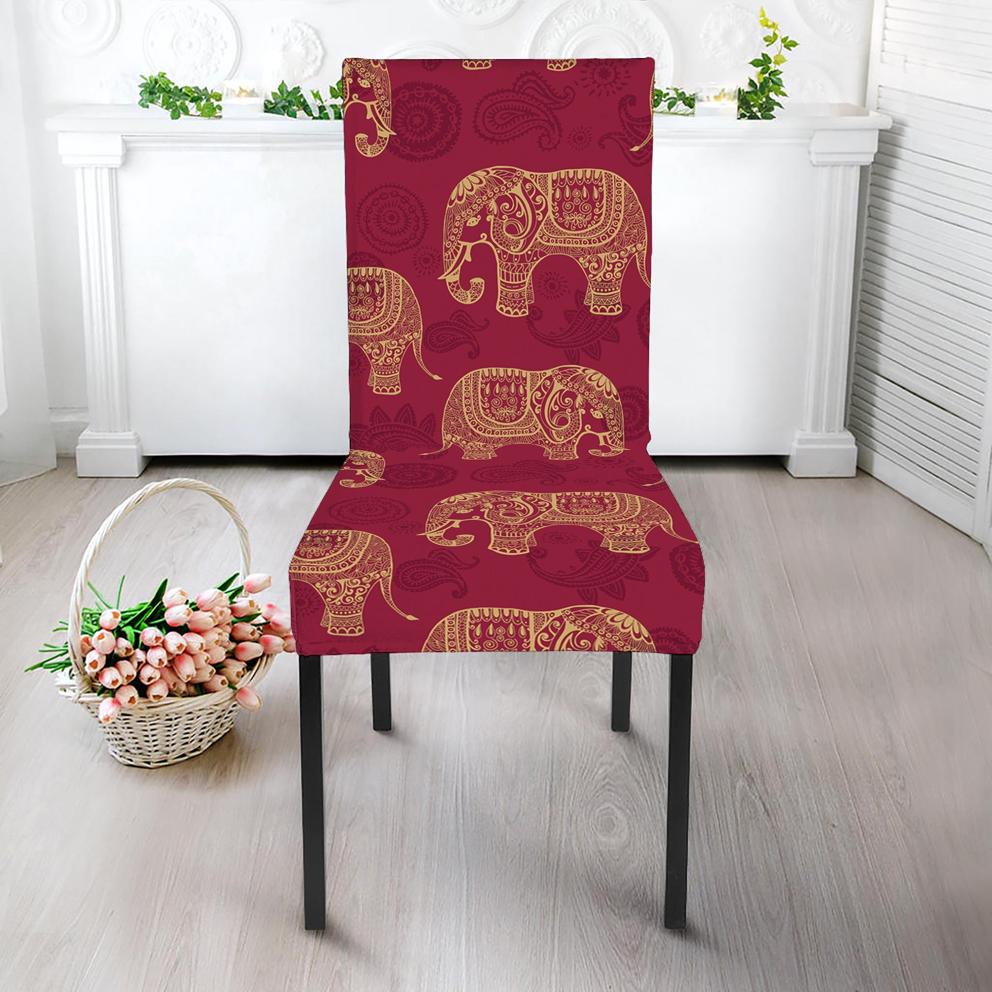 Gold And Red Boho Elephant Print Dining Chair Slipcover