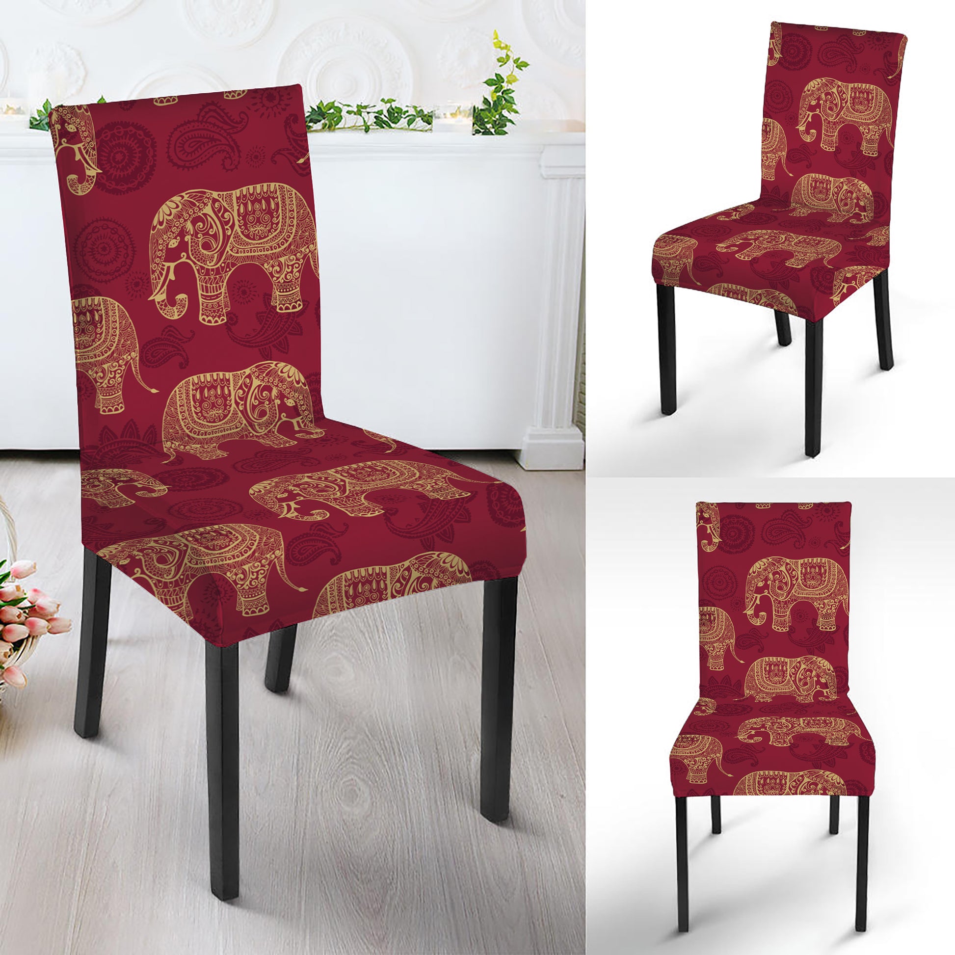 Gold And Red Boho Elephant Print Dining Chair Slipcover