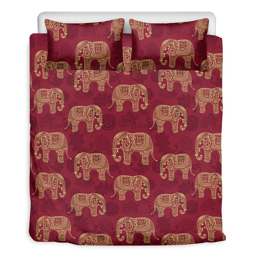 Gold And Red Boho Elephant Print Duvet Cover Bedding Set
