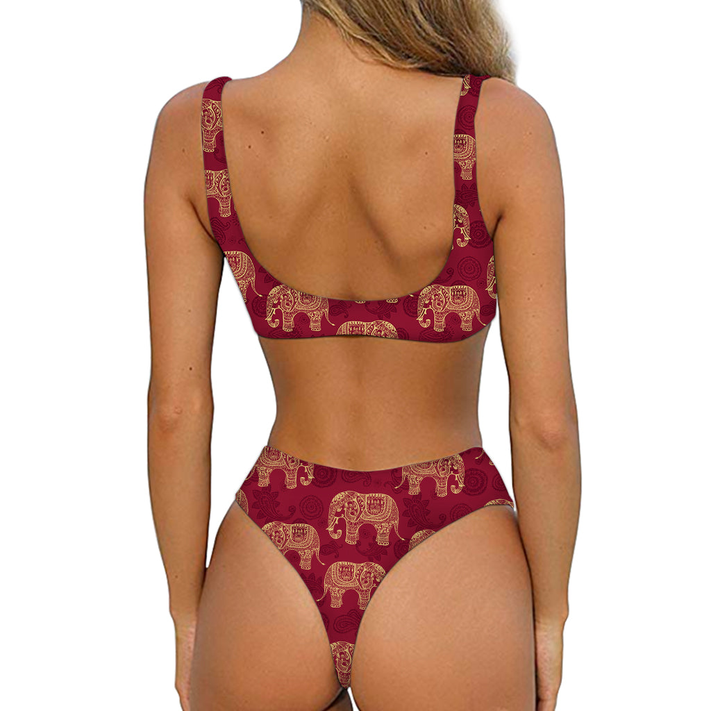 Gold And Red Boho Elephant Print Front Bow Tie Bikini