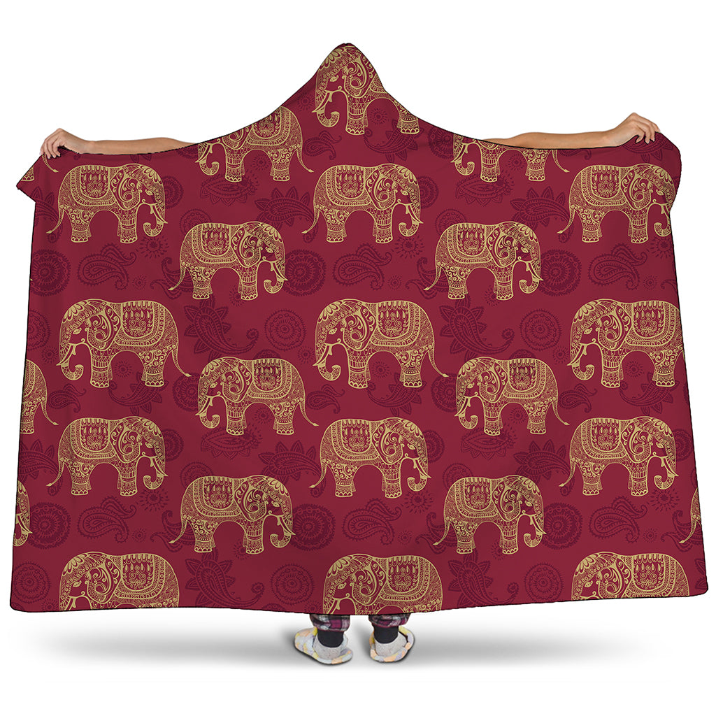 Gold And Red Boho Elephant Print Hooded Blanket