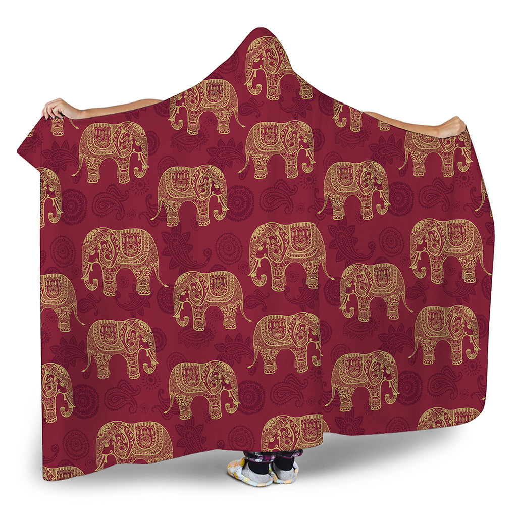 Gold And Red Boho Elephant Print Hooded Blanket