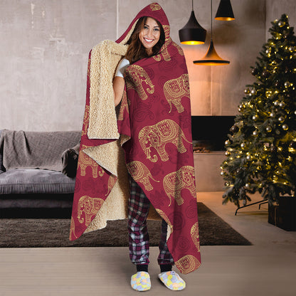 Gold And Red Boho Elephant Print Hooded Blanket