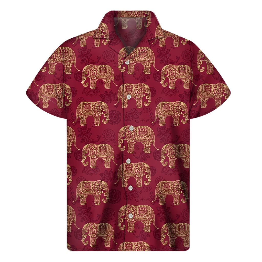 Gold And Red Boho Elephant Print Men's Short Sleeve Shirt