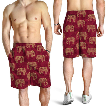 Gold And Red Boho Elephant Print Men's Shorts