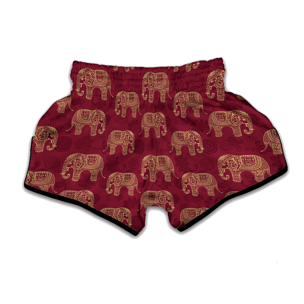 Gold And Red Boho Elephant Print Muay Thai Boxing Shorts