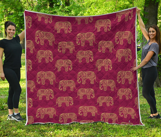Gold And Red Boho Elephant Print Quilt