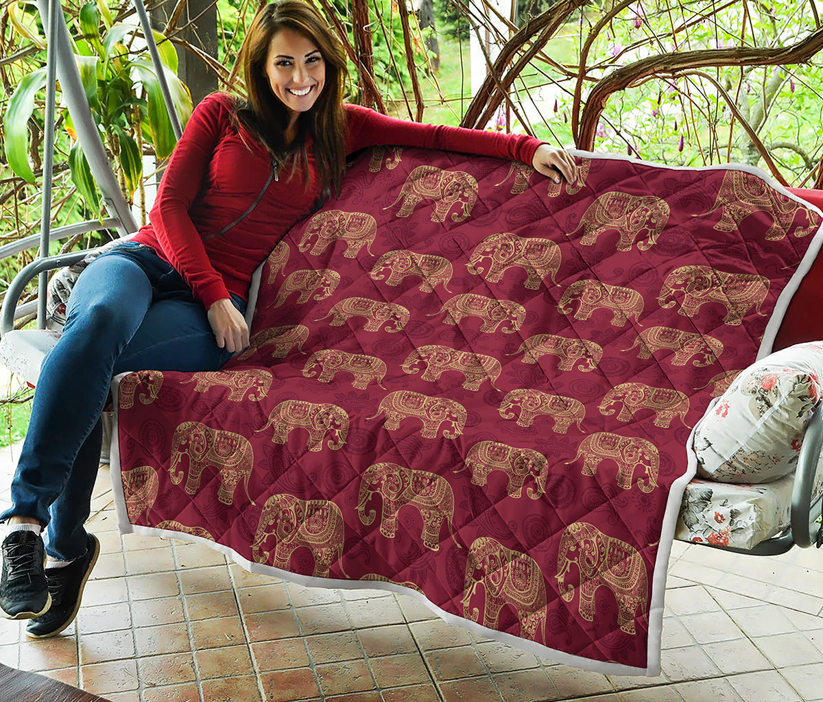 Gold And Red Boho Elephant Print Quilt