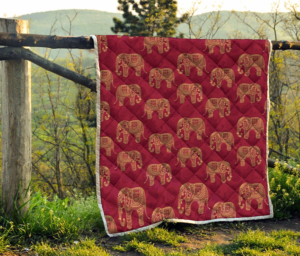 Gold And Red Boho Elephant Print Quilt