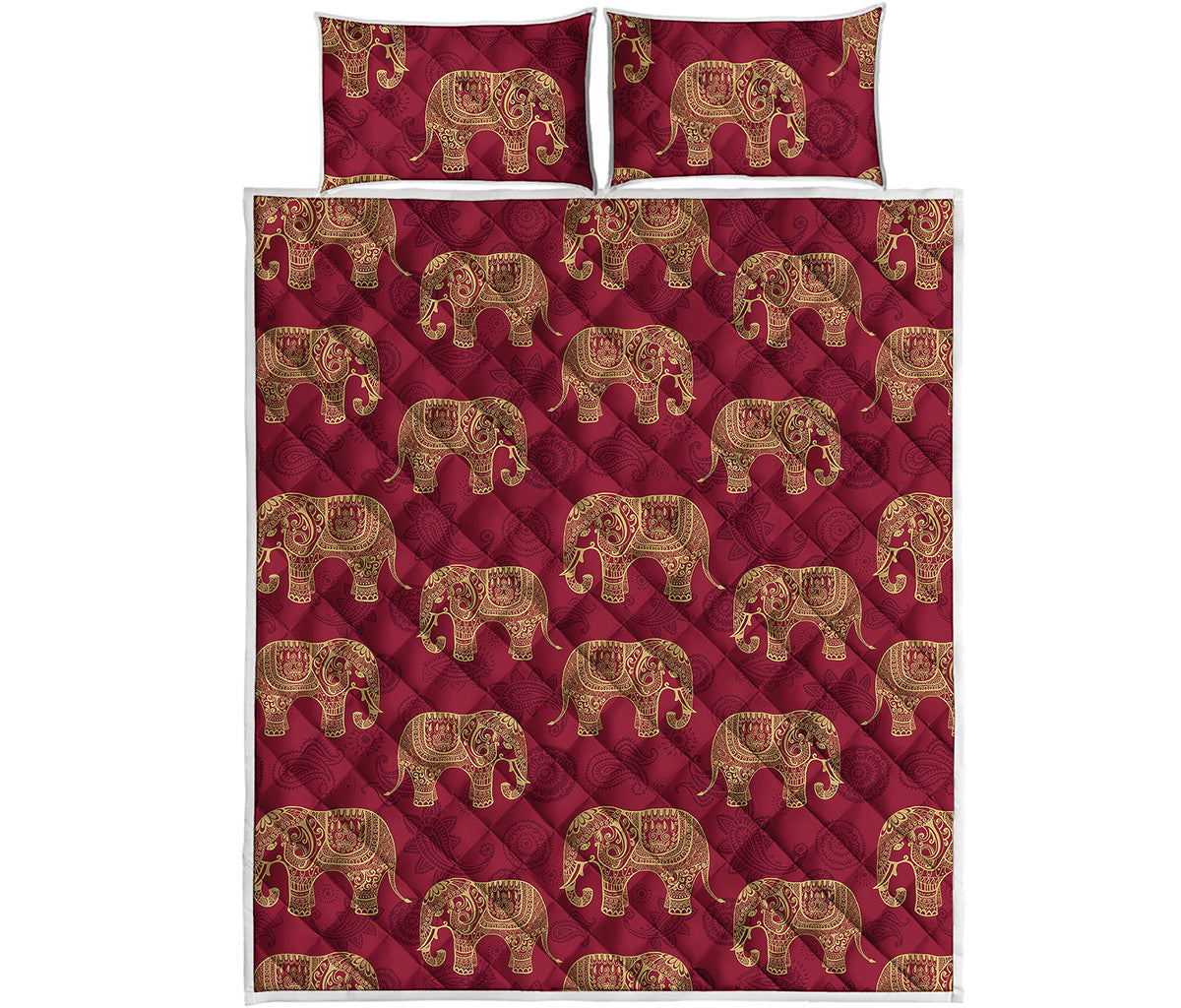 Gold And Red Boho Elephant Print Quilt Bed Set