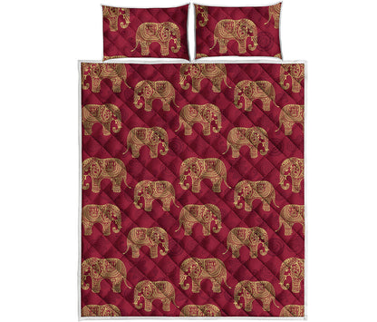 Gold And Red Boho Elephant Print Quilt Bed Set