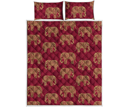 Gold And Red Boho Elephant Print Quilt Bed Set
