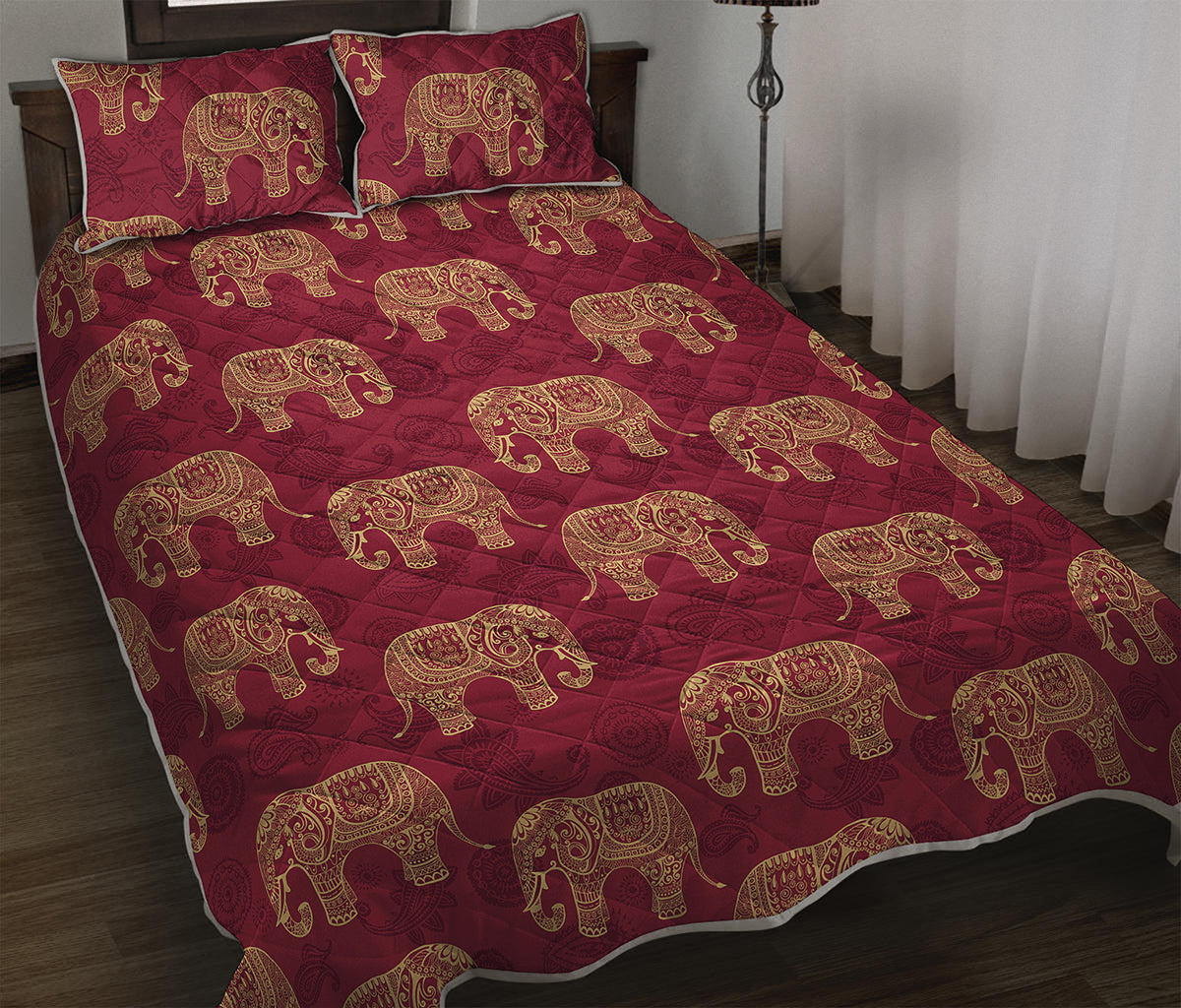 Gold And Red Boho Elephant Print Quilt Bed Set