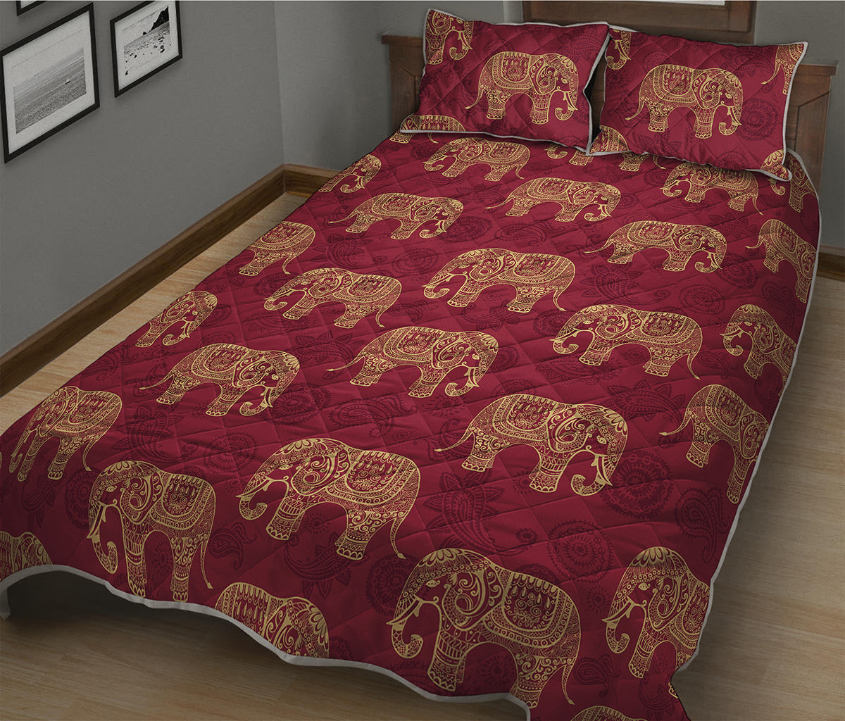Gold And Red Boho Elephant Print Quilt Bed Set