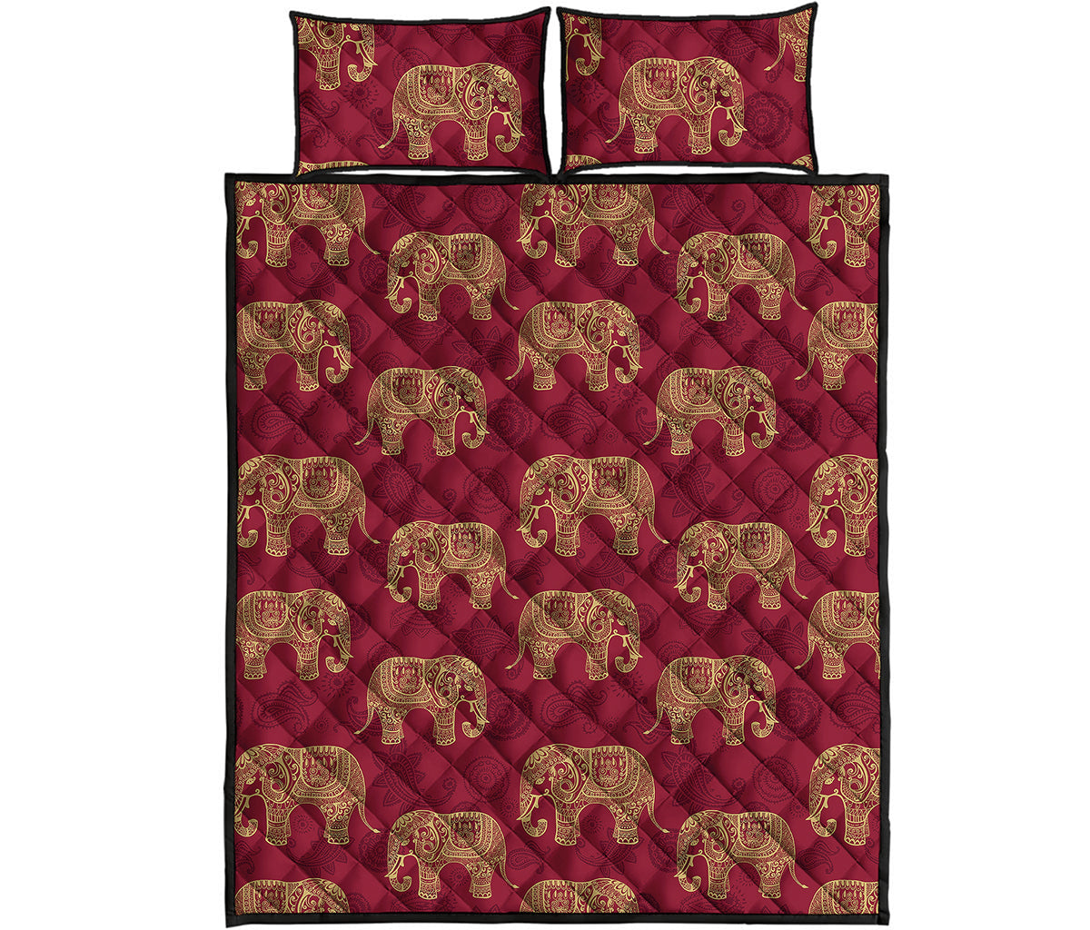 Gold And Red Boho Elephant Print Quilt Bed Set