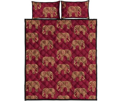 Gold And Red Boho Elephant Print Quilt Bed Set