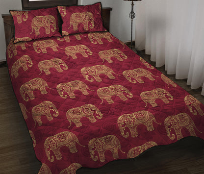 Gold And Red Boho Elephant Print Quilt Bed Set