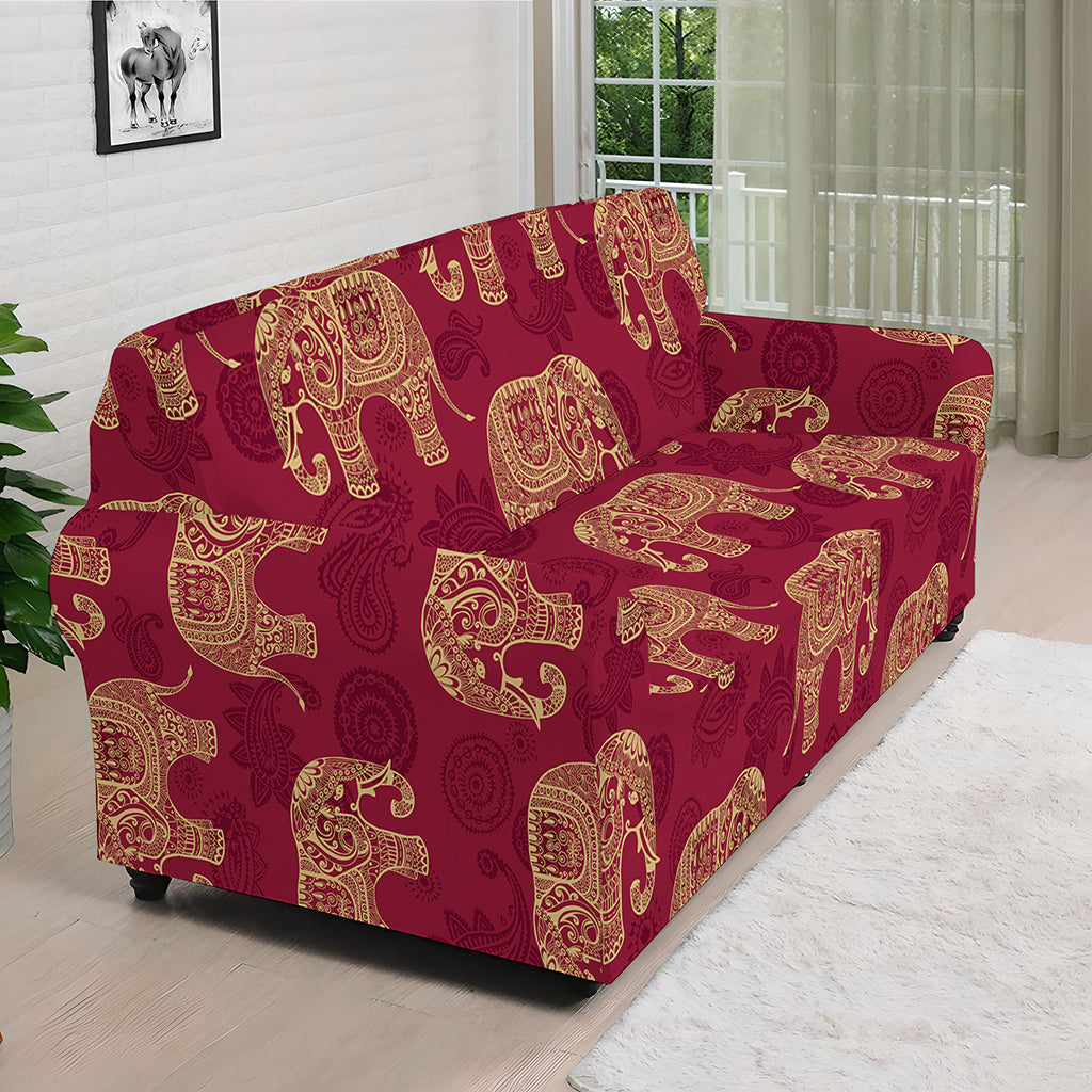 Gold And Red Boho Elephant Print Sofa Cover