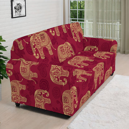 Gold And Red Boho Elephant Print Sofa Cover