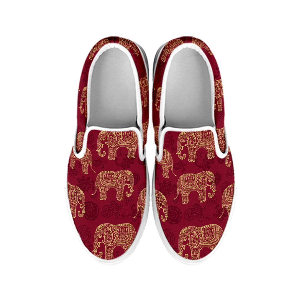 Gold And Red Boho Elephant Print White Slip On Shoes