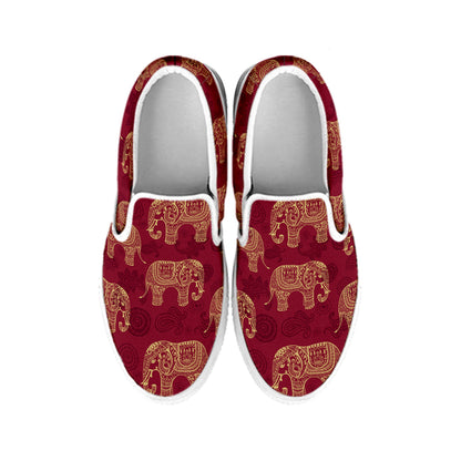 Gold And Red Boho Elephant Print White Slip On Shoes