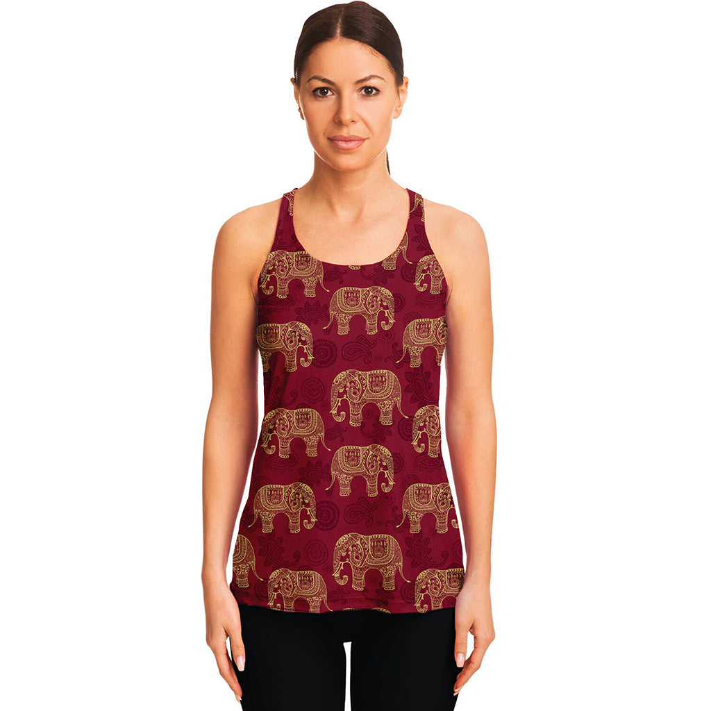 Gold And Red Boho Elephant Print Women's Racerback Tank Top