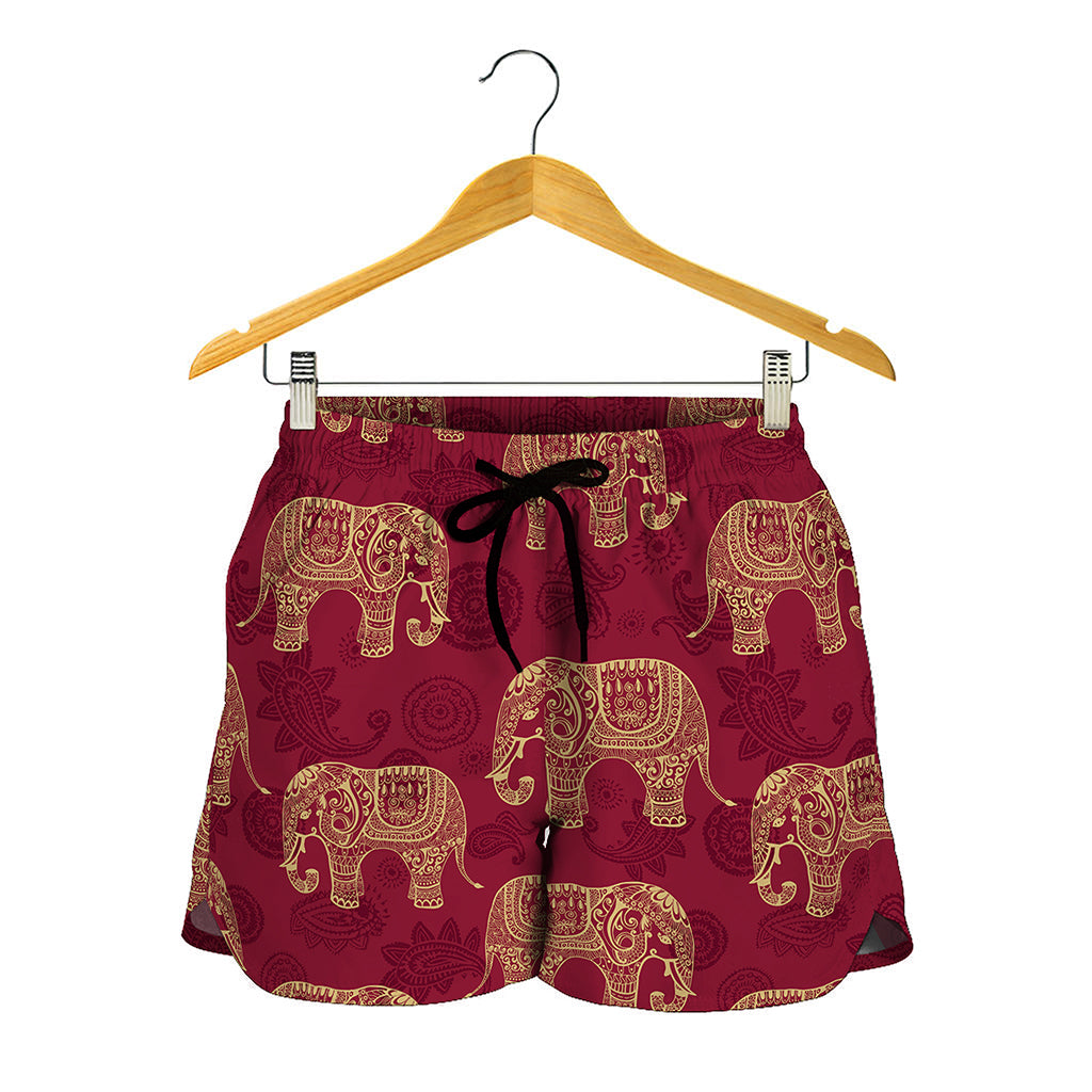 Gold And Red Boho Elephant Print Women's Shorts