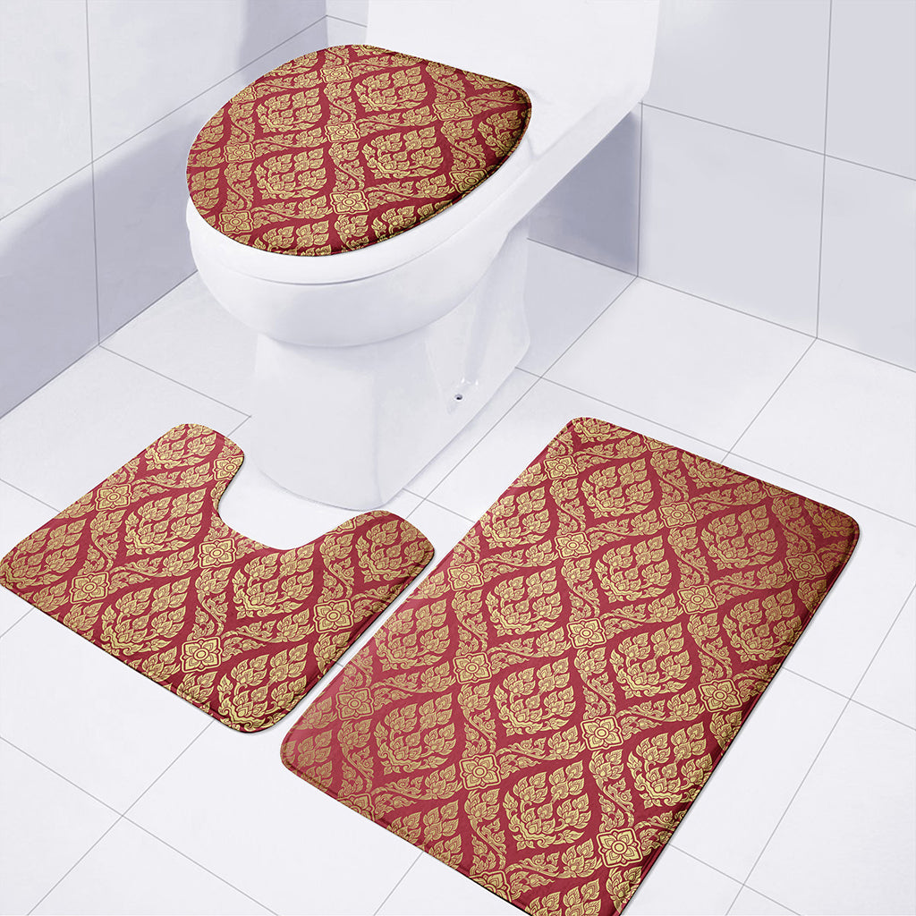 Gold And Red Thai Pattern Print 3 Piece Bath Mat Set